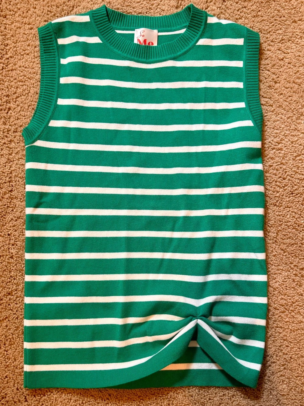 So Me Green & White Striped Sleeveless Crew Neck Twist Knit Pullover Sweater S